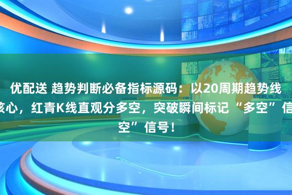 优配送 趋势判断必备指标源码：以20周期趋势线为核心，红青K线直观分多空，突破瞬间标记 “多空” 信号！